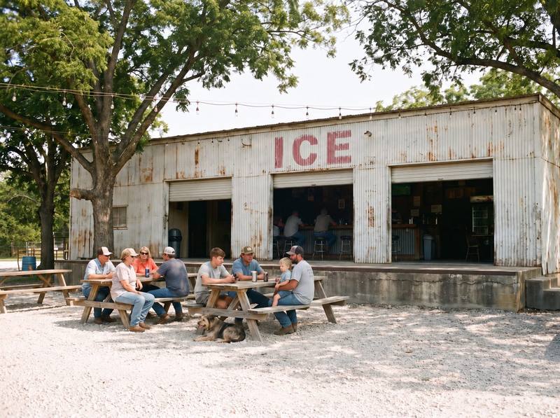 The white corrugated tin icehouse at midday with all three roll-up doors open, the faded red ICE over the middle door, and people at picnic tables under pecan trees.