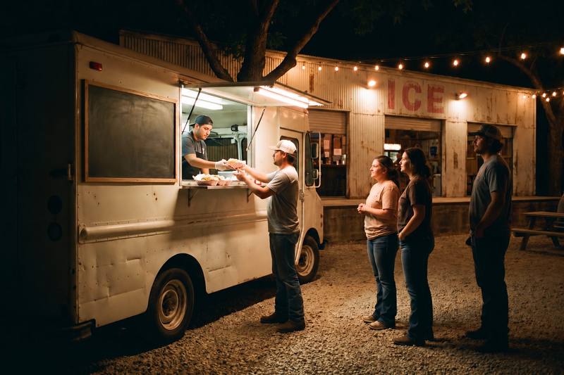 A plain white food truck at night with its window lit, a cook handing out food to a short line, the icehouse glowing behind.