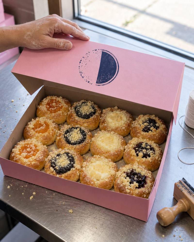 A dozen kolaches in a pink box, the navy half-moon stamp on the outside of the lid.