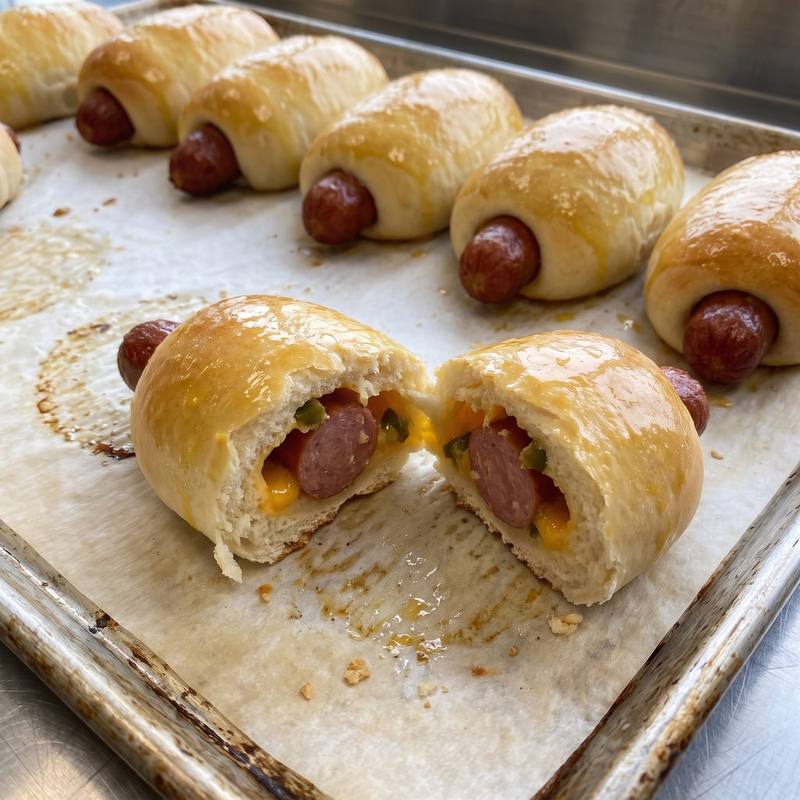A sausage, jalapeño and cheese klobasnek torn open, more in a row behind.
