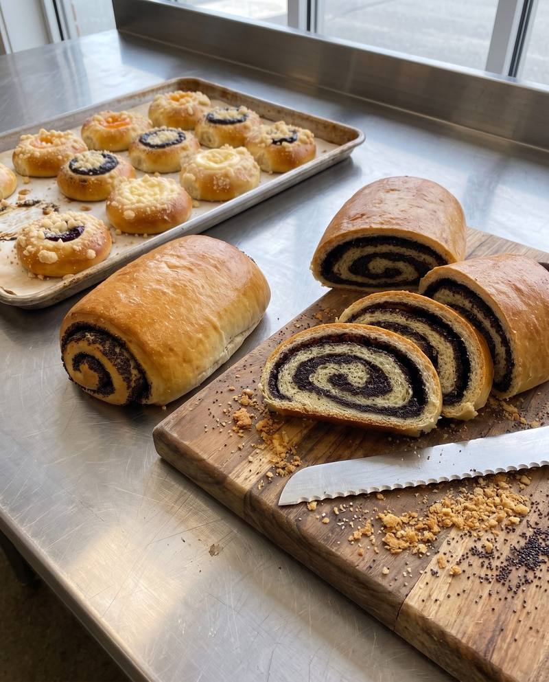 Poppy seed rolls on a board, one sliced to show the dark spiral, beside a pan of kolaches.