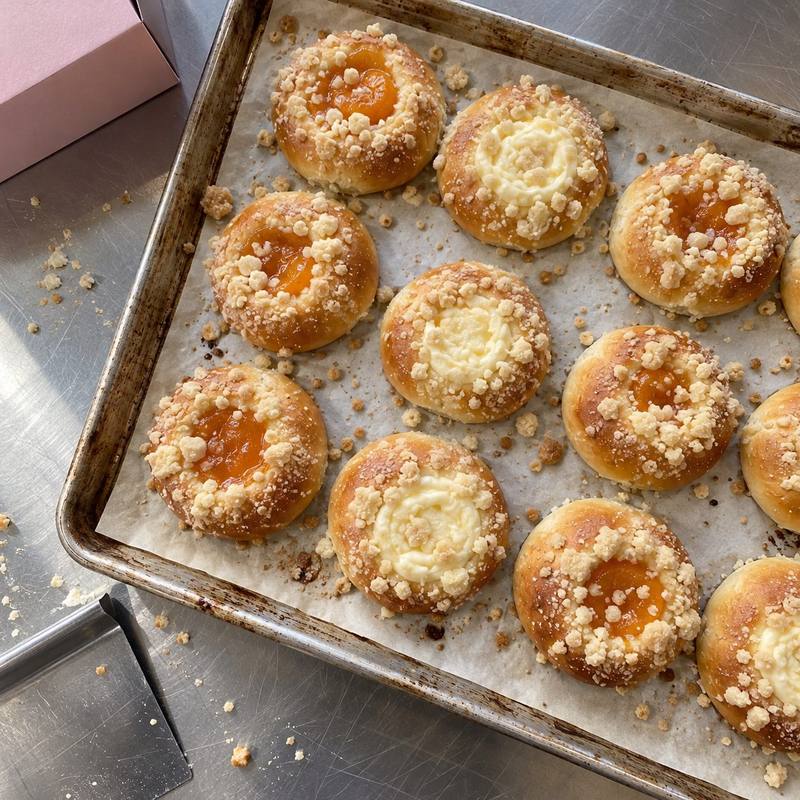 Apricot and cream cheese kolaches on a parchment-lined pan beside a pink box.