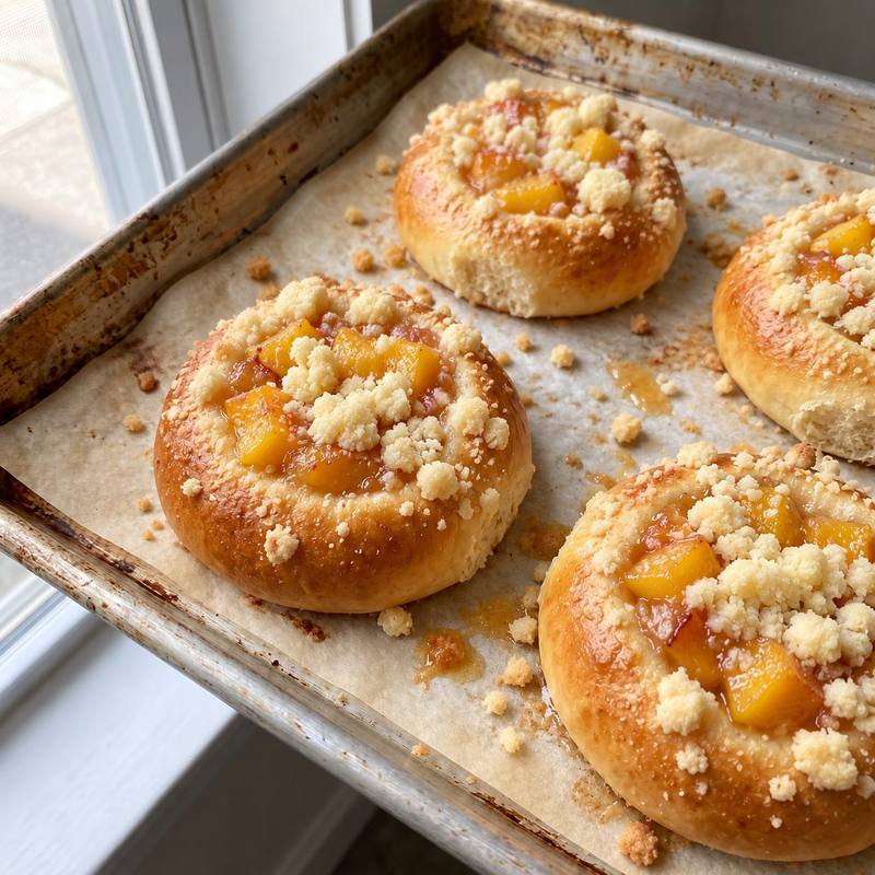 Peach kolaches with butter crumb on a pan by the window.