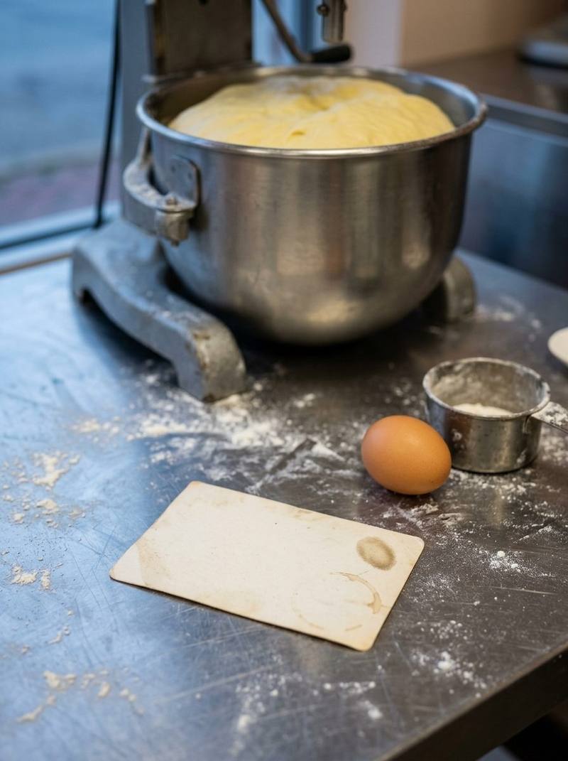 Babi's recipe card face down on the floured steel beside the mixer bowl of dough.