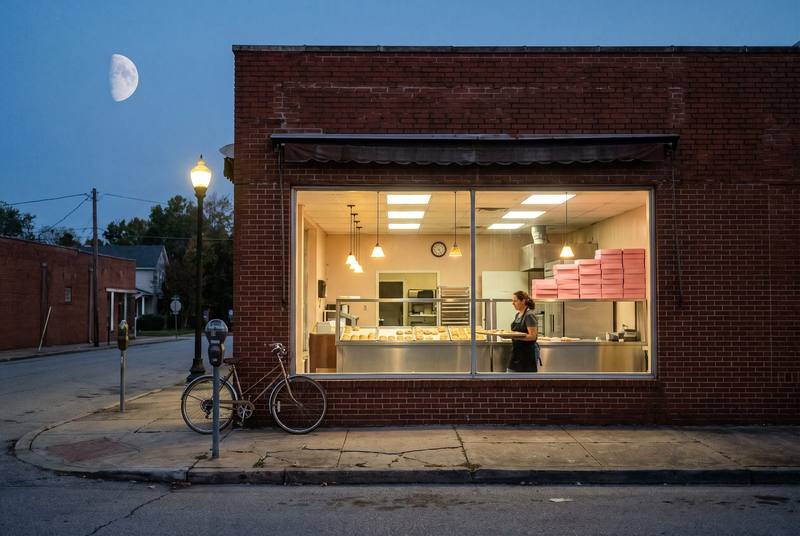 A small red-brick storefront before dawn, its big front window lit, a baker carrying a tray inside, a half moon in the blue sky.