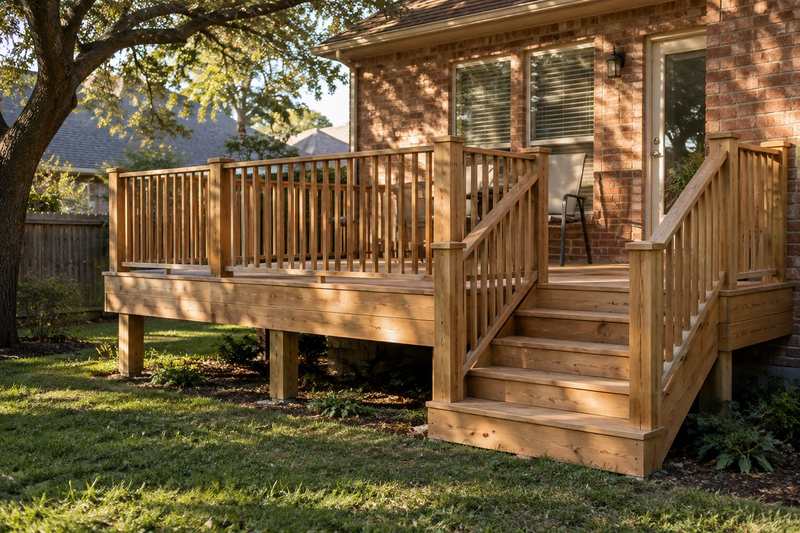 A raised cedar deck with railings and a straight staircase coming down square off the deck, handrails on both sides.