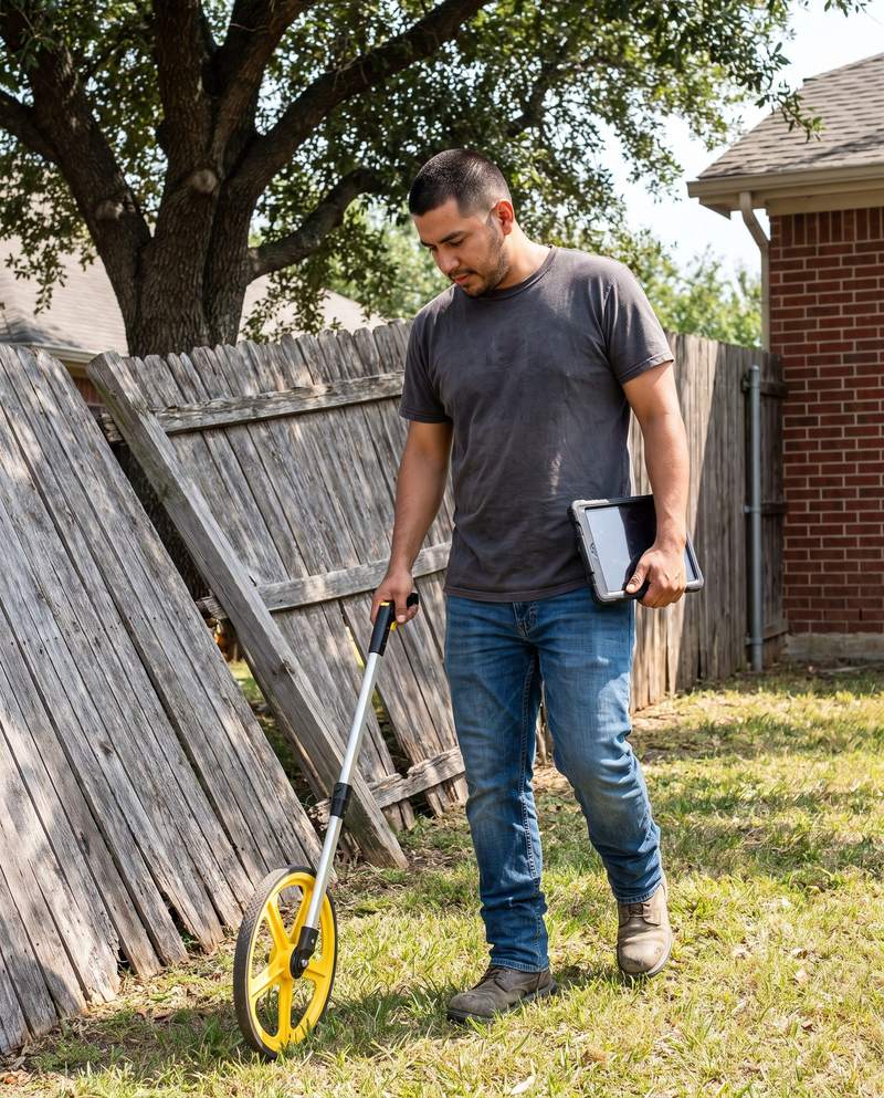 Mateo rolling a measuring wheel along an old leaning fence, a tablet under his arm.