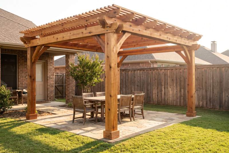 A cedar pergola over a stone patio with a table and chairs.