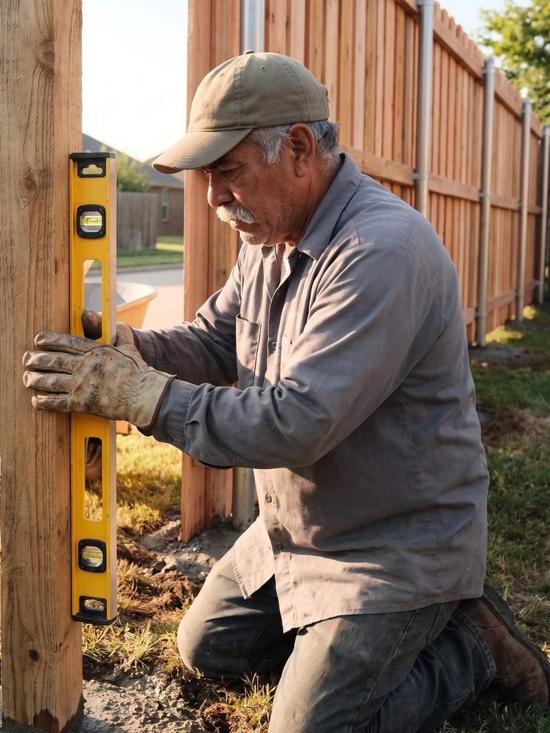 Ray kneeling beside a new post, checking it for plumb with a level.