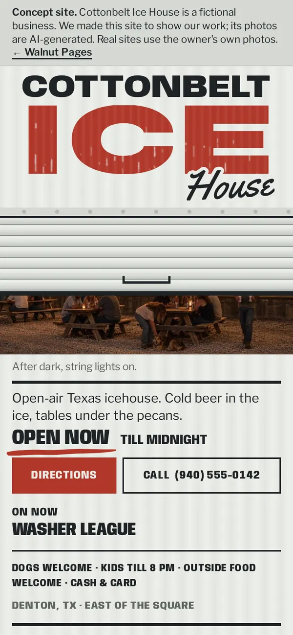 First screen of the Cottonbelt Ice House concept site