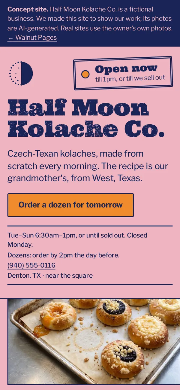 First screen of the Half Moon Kolache Co. concept site