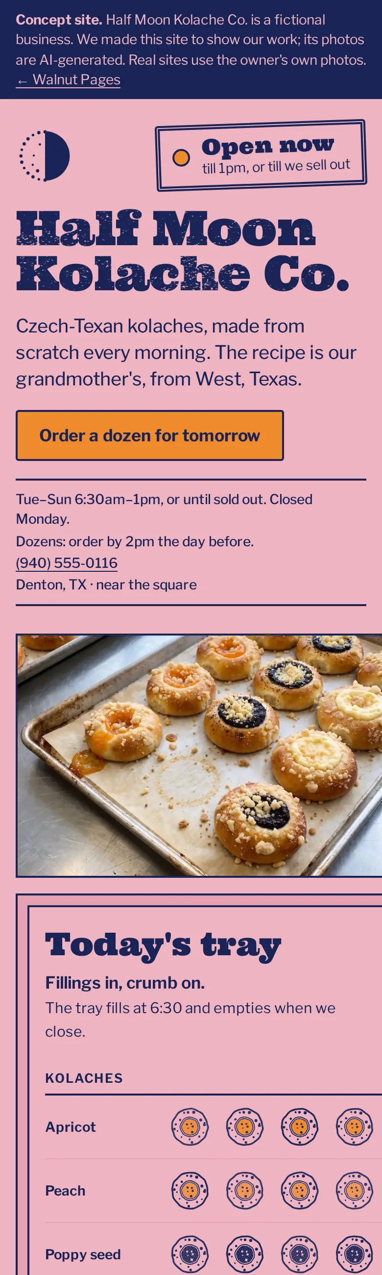 The rebuilt Half Moon Kolache Co. site on a phone: open now till 1pm, an order button, hours, and a photo of the kolache tray.
